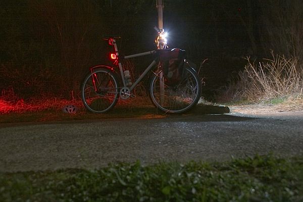 The test setup - all the lights on. The light on the grass and path is coming from the full moon which appeared over the trees as I was taking these photos. It is nearly as bright as the center patch of the 4AA LED light, but both "real" lights wash it out.