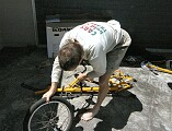 Assembling my bike in Christchurch. I discovered that it very nearly goes into a big Qantas bike box, but ~10cm pokes out. Which was a big pain. So going home I didn't put it in a box. Much easier.