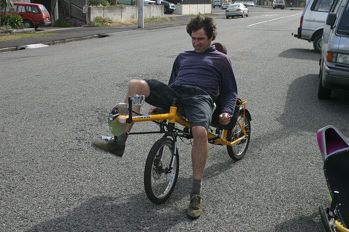 Aarn Tate tries to ride my Trisled. He failed, it's just too big.