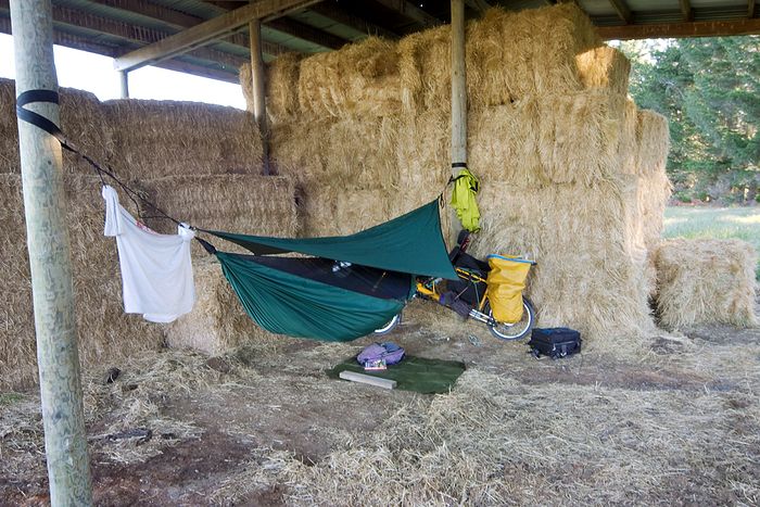 Hammock in a hayshed near Lake Coleridge. Why risk getting wet when there's a shed ;-)