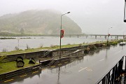 Greymouth... rain... what more can I say? View from the window of the backpackers, looking upriver towards my old camping spot on the far side of that bridge (now a construction depot).