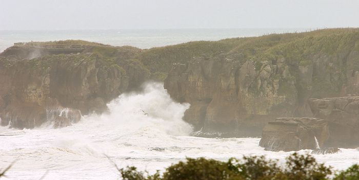 First sight of Punakaiki and the blowhole peninsular. Note the waves...