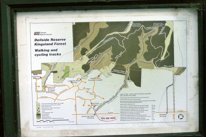 Sign with map for walking tracks in the hills behind Richmond