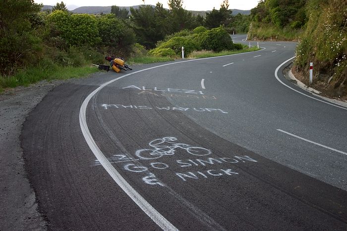 Signs from the annual Takaka Hill bike race.