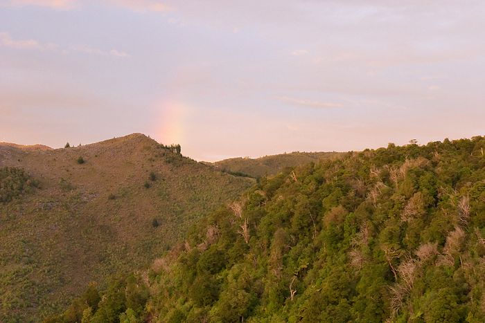 Rainbow at sunrise from Takaka Hill overlooking Nelson
