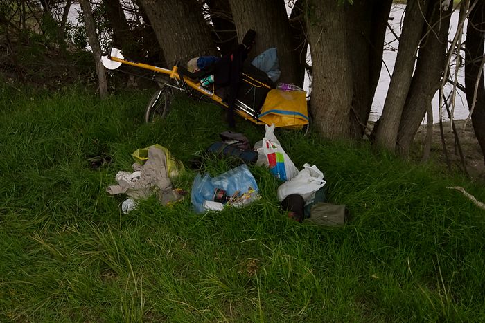 Camping again. Anothre riverside camp featuring lots of grocery bags.